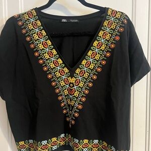 Zara Black Top with Colorful Embroidery